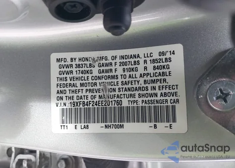 2014 Honda Civic Hybrid z USA, uszkodzony, nr VIN 19XFB4F24EE201760